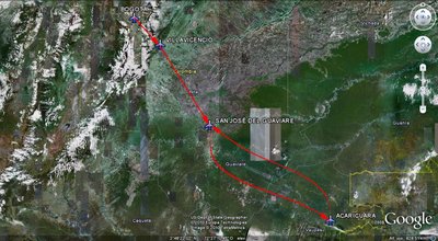 Bogotá - Villavicencio - San José del Guaviare - Acaricuara - San José del Guaviare, en total casi 1000 kilómetros