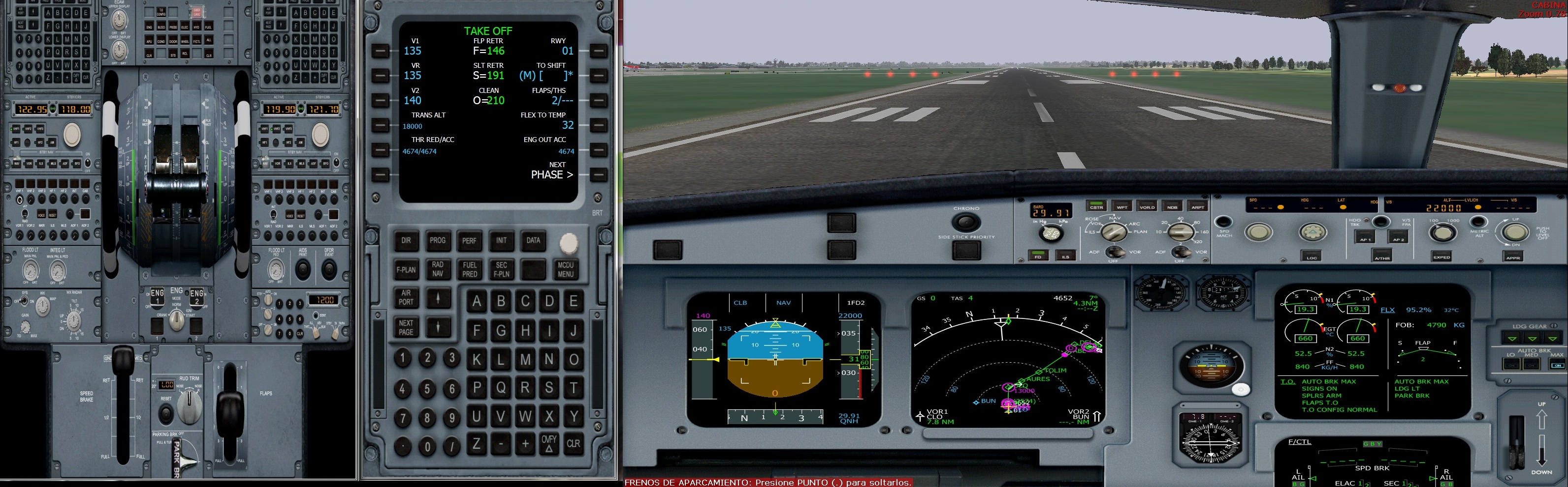En la cabecera de la pista 01 en SKCl listos para despegar.Visualizando lla pantalla PERF de MCDU con las velocidades de desepegue. Tenemos 186 millas y 32 ninutos de vuela hasta SKBO