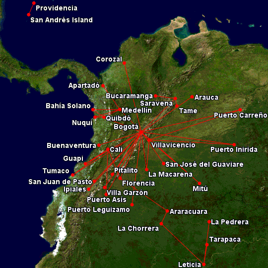 Mapa de destinos nacionales de Satena.