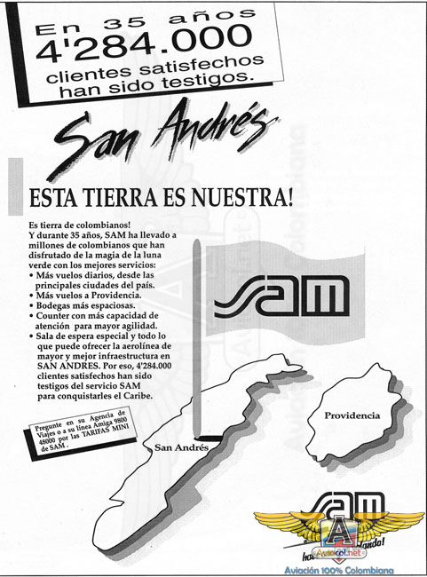 Publicidad SAM Octubre, 1993 - Aviacol.net El Portal de la Aviación Colombiana