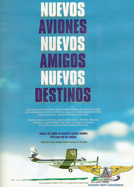 Publicidad SAM Enero, 2000 - Aviacol.net El Portal de la Aviación Colombiana