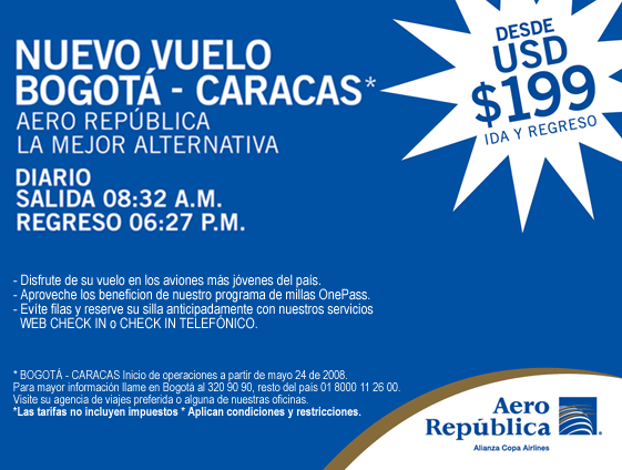 AeroRepública Nuevo Vuevlo Bogotá - Caracas - Bogotá