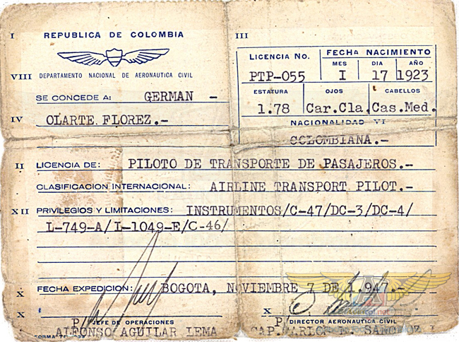 Capitán Germán Olarte - Licencia de Piloto