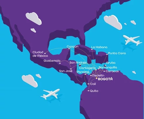 Mapa de rutas de Wingo: nueva aerolínea de bajo costo de Colombia.