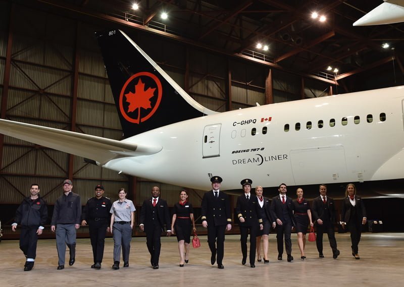 Nuevos Uniformes de Air Canada con Boeing 787 en el fondo.