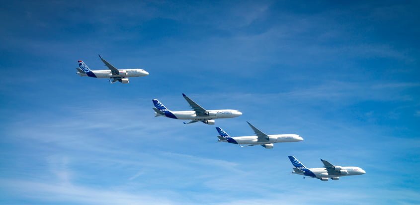 Familia de aviones de Airbus en vuelo.