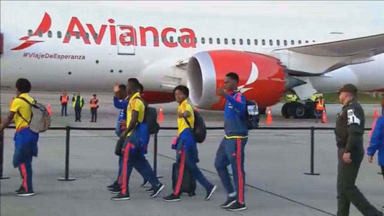 Selección Colombia en el avión que los transporta a Milán, Italia.