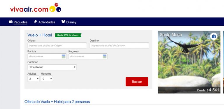 Vista de la página web de Viva Air con los nuevos paquetes de hoteles.