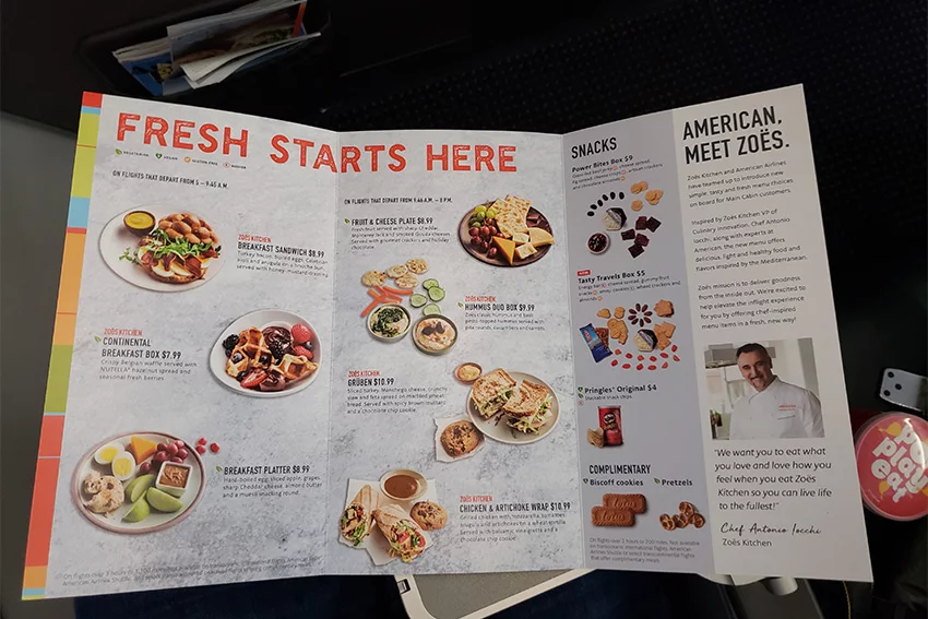 Menú a la venta de American Airlines para el vuelo entre Pereira y Miami.