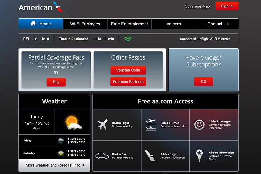 Servicio de WiFi a bordo del Airbus A319 de American Airlines entre Pereira y Miami.