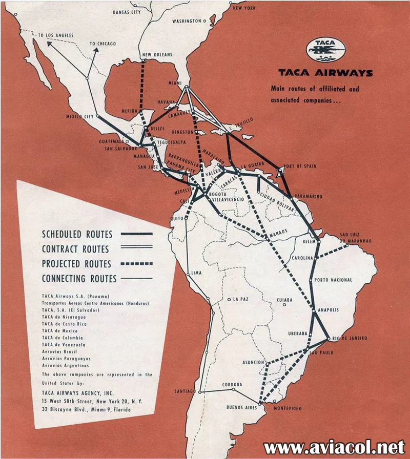 Mapa de rutas de TACA en 1945.