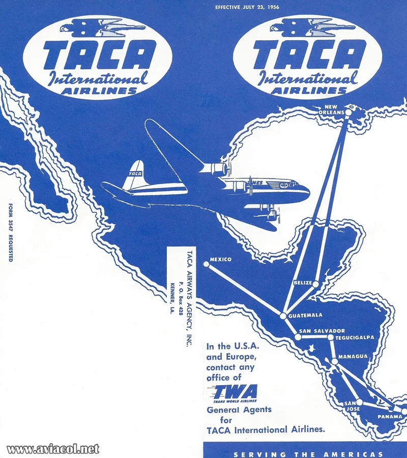 Mapa de rutas internacionales de TACA en 1957.