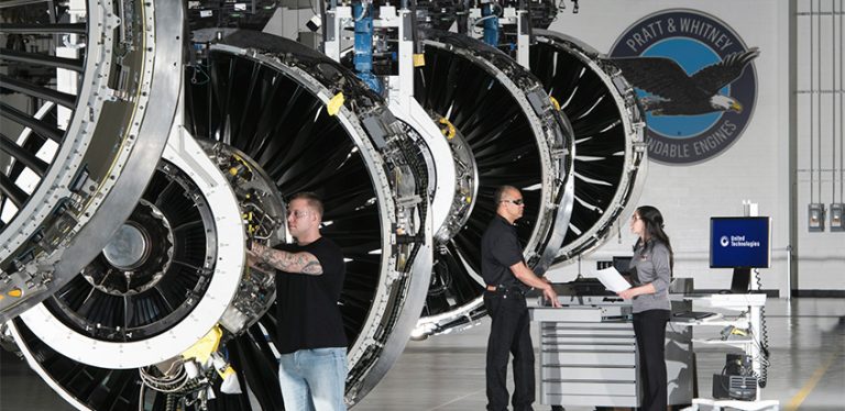 Producción de Pratt & Whitney, una de las filiales de United Technologies.
