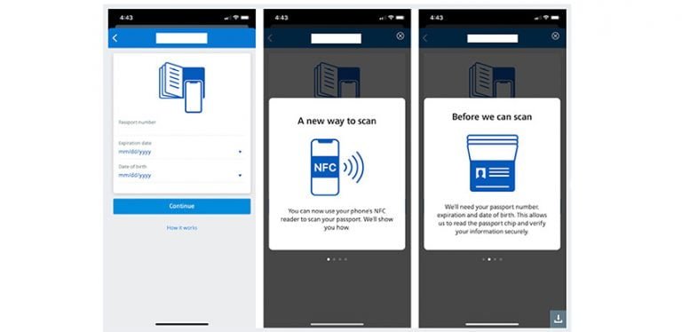 App de American Airlines con función de escaneo de pasaportes.