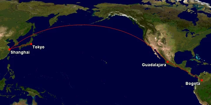 Ruta del vuelo entre Bogotá y Shanghái de Avianca. Ruta del vuelo entre Bogotá y Shanghái de Avianca.
