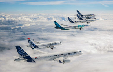 Familia de aviones de Airbus en formación.