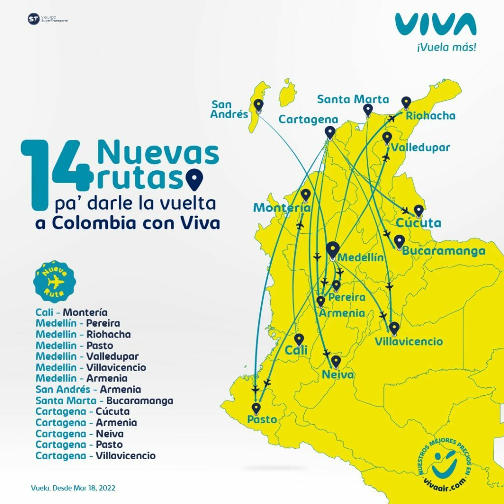 Mapa de las nuevas rutas de Viva Air.