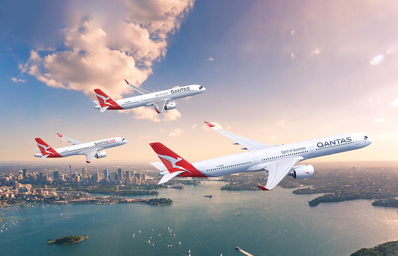 Flota de Airbus A220, A320 y A350 de Qantas.