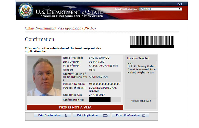 Ejemplo de la hoja de confirmación del formulario DS-160 de Estados Unidos.
