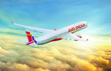 Render de un Airbus A350 de Air India con el nuevo logo y librea.