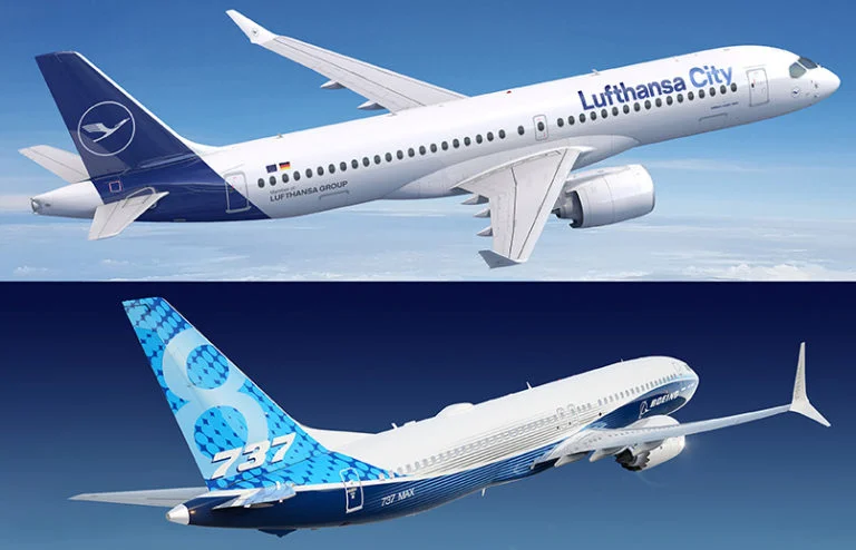 Prototipos del Airbus A220-300 y del Boeing 737 MAX 8 de Grupo Lufthansa.