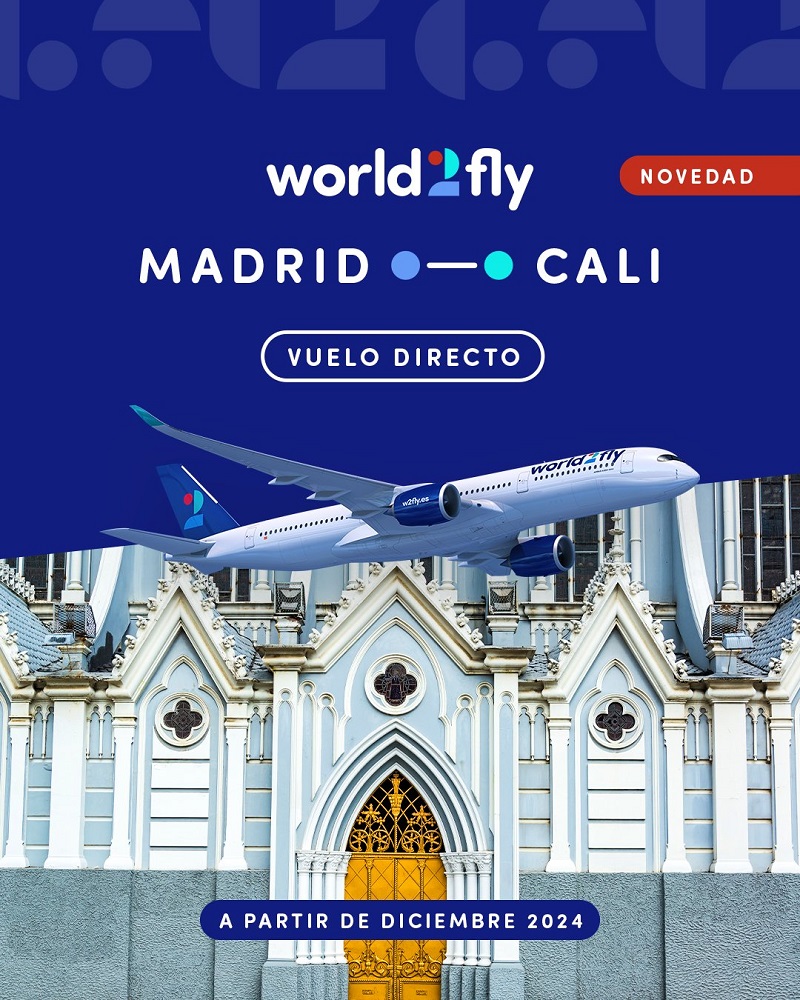 World2Fly anuncia lanzamiento de ruta a Cali desde Madrid.
