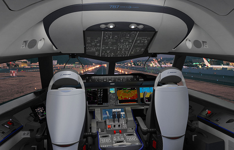 Cabina de mando de un Boeing 787 con las sillas de los pilotos.