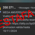 Ejemplo de mensaje de texto fraudulento con falsas ofertas en tiquetes aéreos.