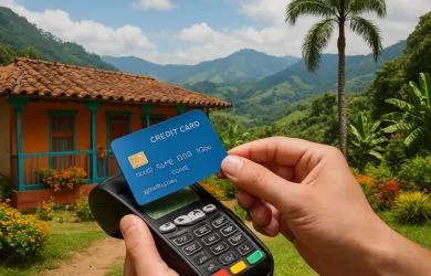 Imagen creada con IA que muestra el pago con tarjeta de crédito de extranjeros en Colombia.