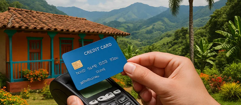 Imagen creada con IA que muestra el pago con tarjeta de crédito de extranjeros en Colombia.