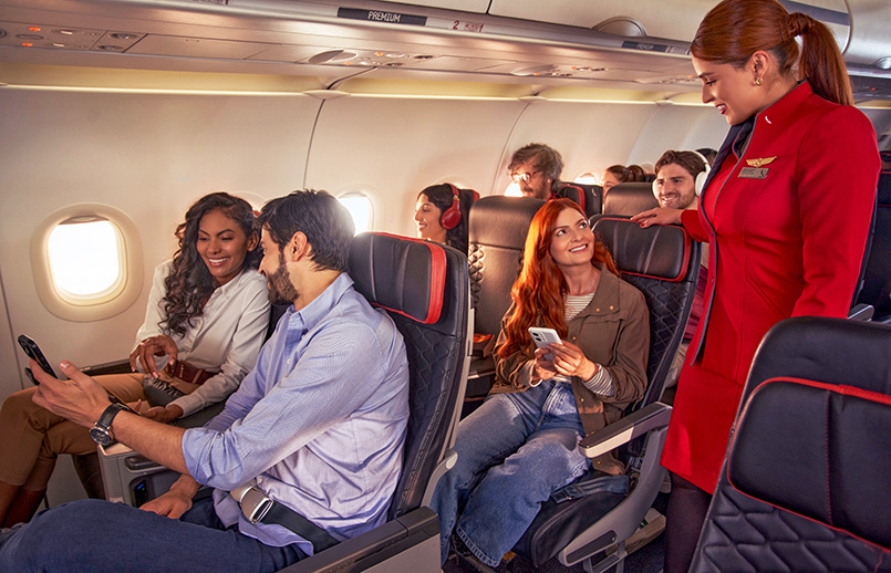 Clase ejecutiva de Avianca dentro de América a bordo de un Airbus A320.