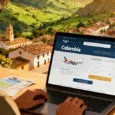 Persona reservando un vuelo hacia Colombia con un paisaje de Colombia al fondo (creada con inteligencia artificial).