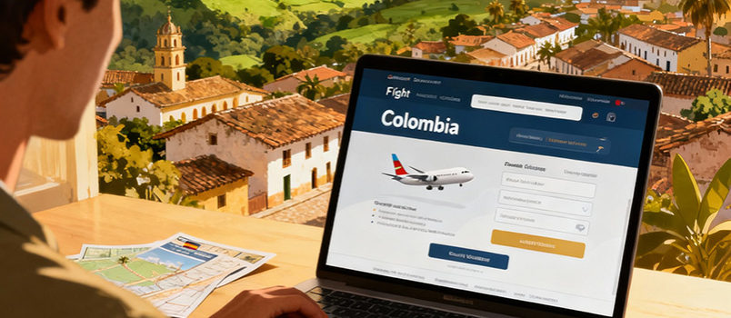 Persona reservando un vuelo hacia Colombia con un paisaje de Colombia al fondo (creada con inteligencia artificial).