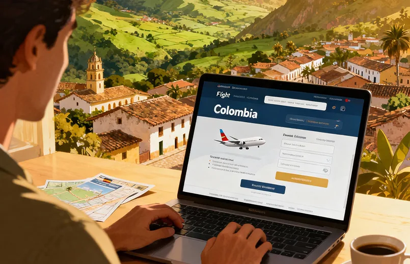 Persona reservando un vuelo hacia Colombia con un paisaje de Colombia al fondo (creada con inteligencia artificial).
