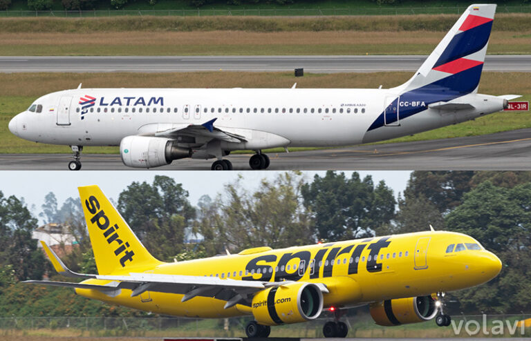 Airbus A320 de LATAM Airlines y Spirit Airlines en Bogotá.