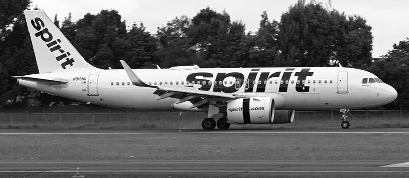 Airbus A320neo de Spirit Airlines aterrizando en Bogotá. Foto en blanco y negro por su cese de operaciones.