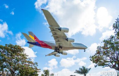 Airbus A380 de Asiana Arilines aterrizando en el Aeropuerto Internacional de Los Ángeles (LAX).