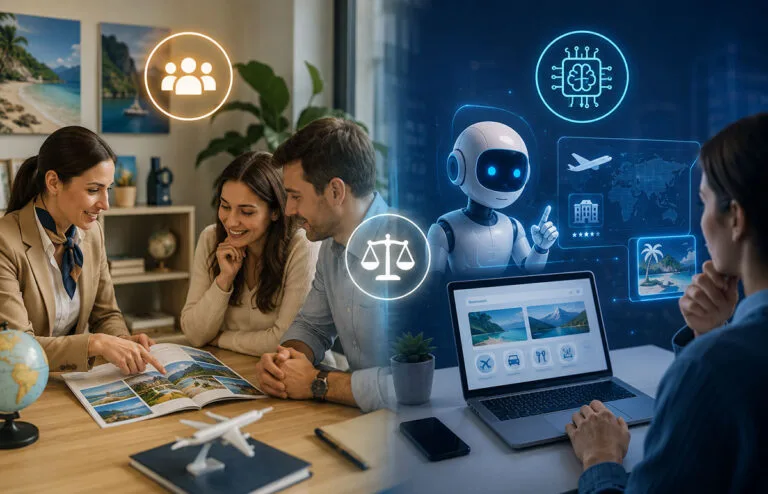 Asesoría de agencias de viajes versus uso de la inteligencia artificial para planificación de viajes. Imagen creada con IA.