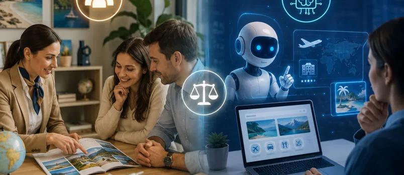 6 de cada 10 viajeros aún prefieren reservar con una agencia de viajes, pese al auge de la inteligencia artificial Asesoría de agencias de viajes versus uso de la inteligencia artificial para planificación de viajes. Imagen creada con IA.