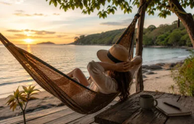 Descanso viendo el atardecer en una playa sobre una hamaca. Imagen creada con Inteligencia Artificial.