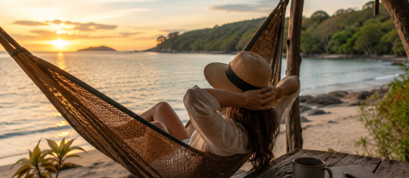 Descanso viendo el atardecer en una playa sobre una hamaca. Imagen creada con Inteligencia Artificial.