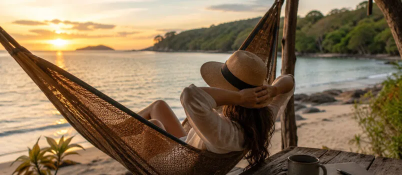 Descanso viendo el atardecer en una playa sobre una hamaca. Imagen creada con Inteligencia Artificial.