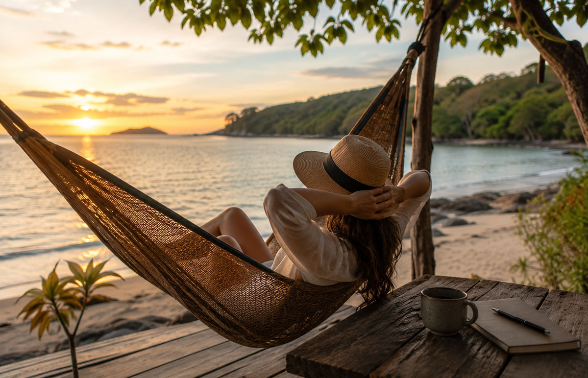 Descanso viendo el atardecer en una playa sobre una hamaca. Imagen creada con Inteligencia Artificial.