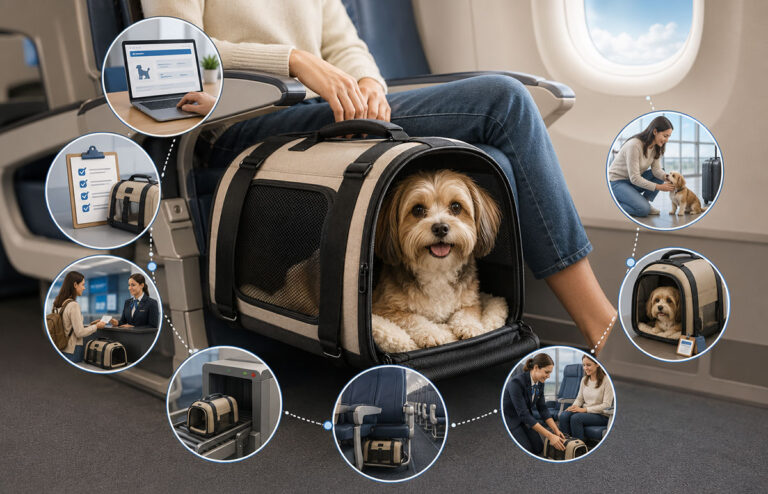 Recreación con inteligencia artificial de una mascota viajando en cabina de un avión.