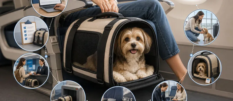 ¿Viajas con tu mascota en cabina? Estas nuevas recomendaciones de IATA te interesan Recreación con inteligencia artificial de una mascota viajando en cabina de un avión.
