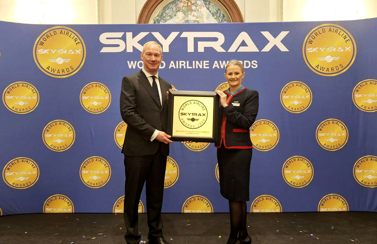 Entrega del reconocimiento a JetSmart como mejor aerolínea de bajo costo de Sudamérica en los premios Skytrax 2026.